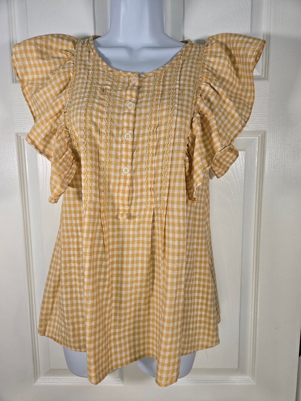 Max Studio Yellow and White Gingham Flutter Sleeve Top Size M